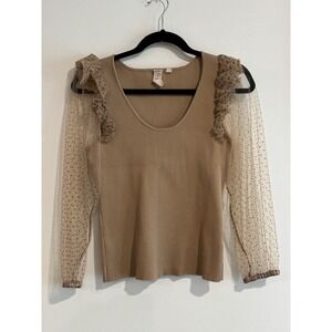 Dolan Left Coast Collection Ribbed Knit Top Women M Tan Sheer Polka Dot Sleeve